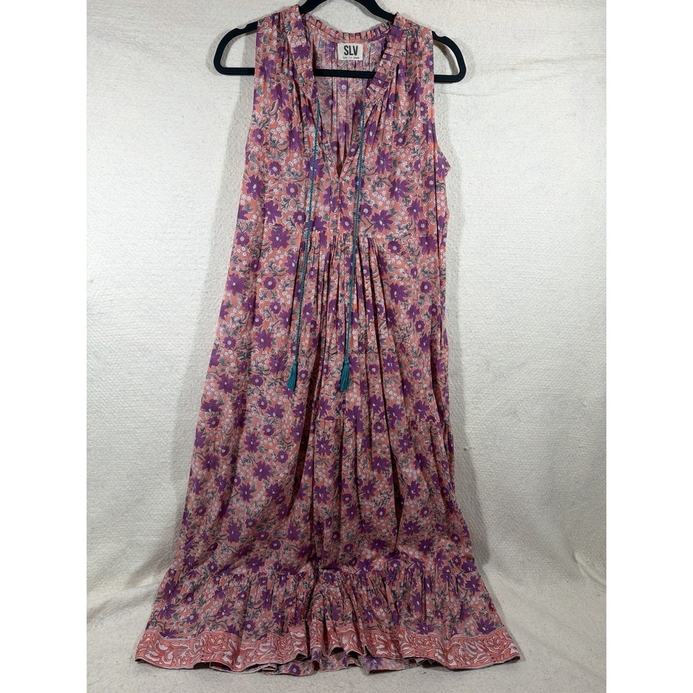 SLV Sur La Vague Women One Size Floral Maxi Dress Tassel V Neck Boho Cottagecore